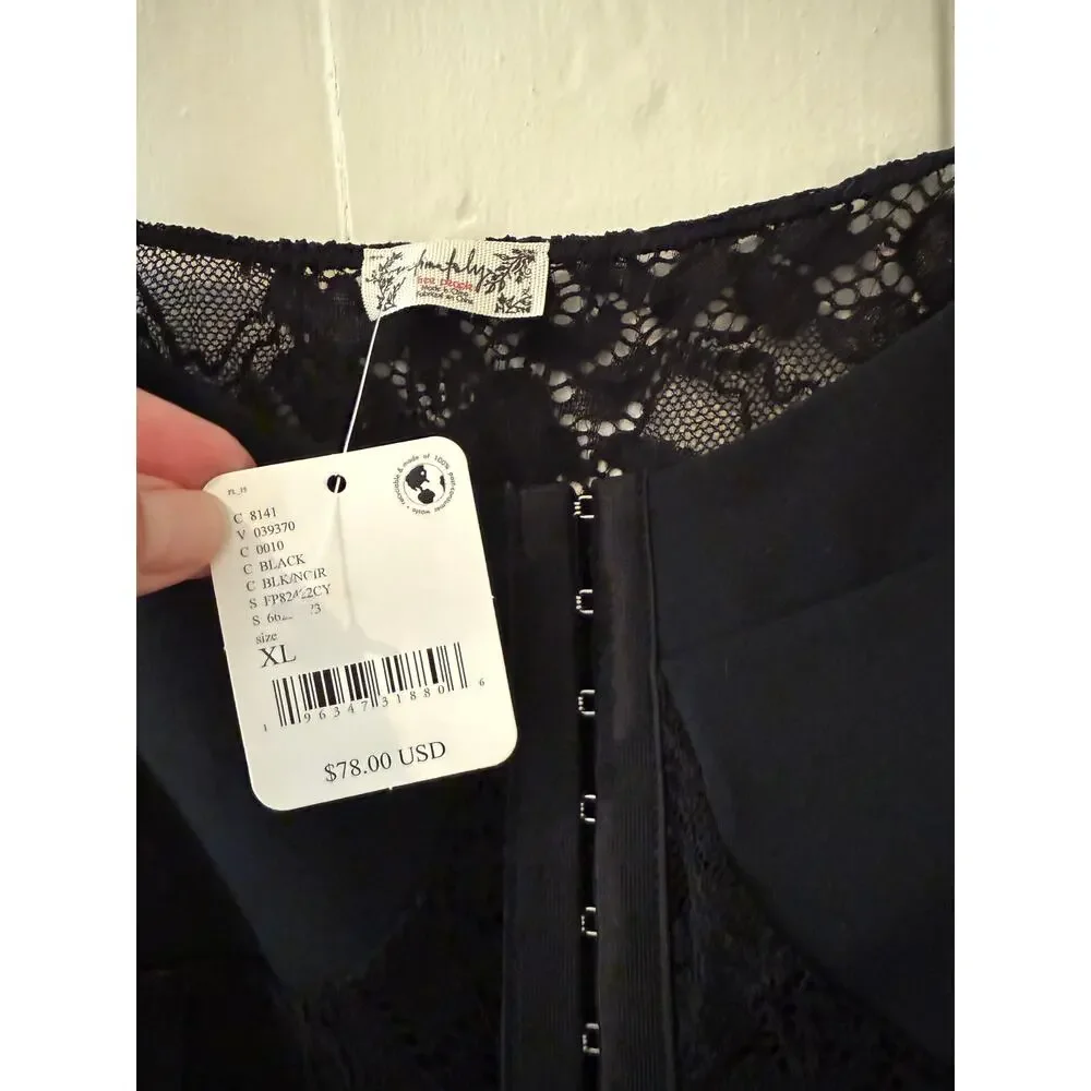 Free People Night Rhythm Lace Bodysuit Black XL